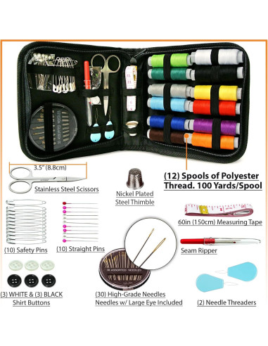 Kit de Costura Básico Vellostar Mini Negro - 30 Agujas y Hilo