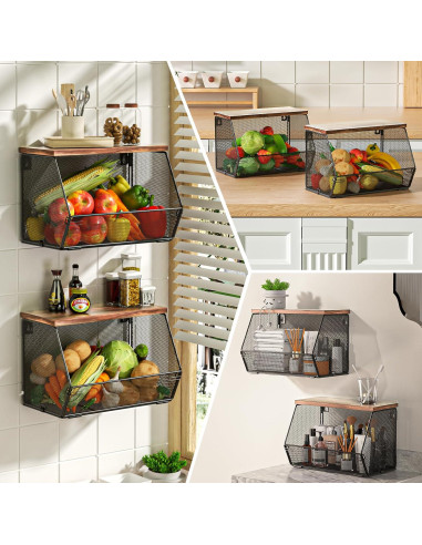 Cesta de Frutas Apilable Litwaro con Tapa de Madera - 2 Piezas