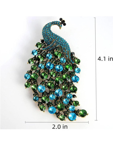 Broche de Pavo Real de Strass Azul Verde para Mujeres 5.08x10.16cm