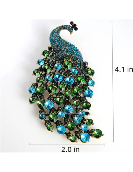Broche de Pavo Real de Strass Azul Verde para Mujeres 5.08x10.16cm Broche de Pavo Real de Strass Azul Verde para Mujeres 5.08x10.16cm