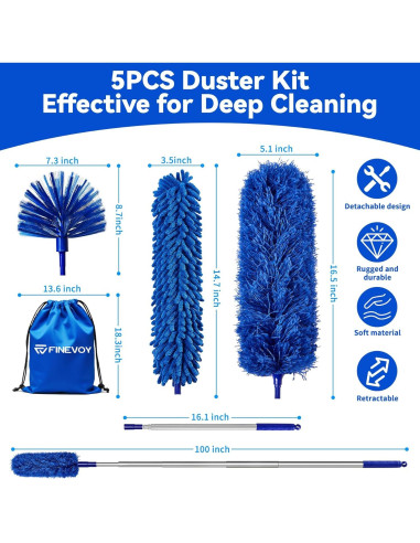 Kit de Plumeros 5 en 1 Finevoy con Palo Extensible Azul
