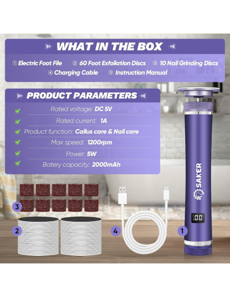 Removedor de Callos Eléctrico Saker 2 en 1 con 60 Discos