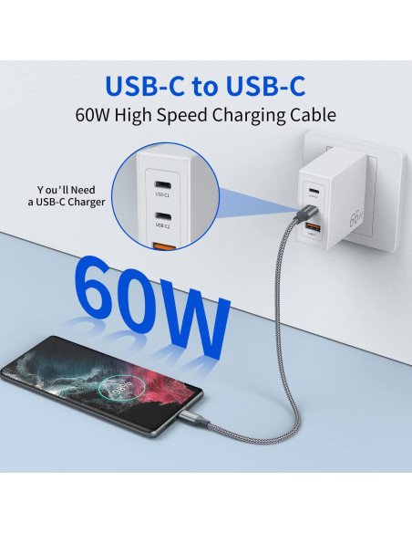Cable USB C a C 3 Paquete 30.48 cm OneKer Carga Rápida Cable USB C a C 3 Paquete 30.48 cm OneKer Carga Rápida
