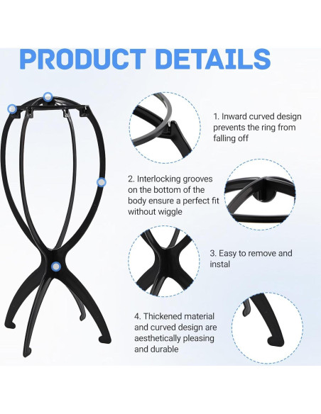 Paquete de 3 Soportes para Pelucas + 3 Peines - Negro