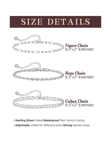 Pulseras de Tobillo de Plata Esterlina Melshabt - 3 Piezas