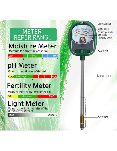 Medidor de Suelo 4 en 1 AiGerdinn - Humedad, pH, Luz Solar