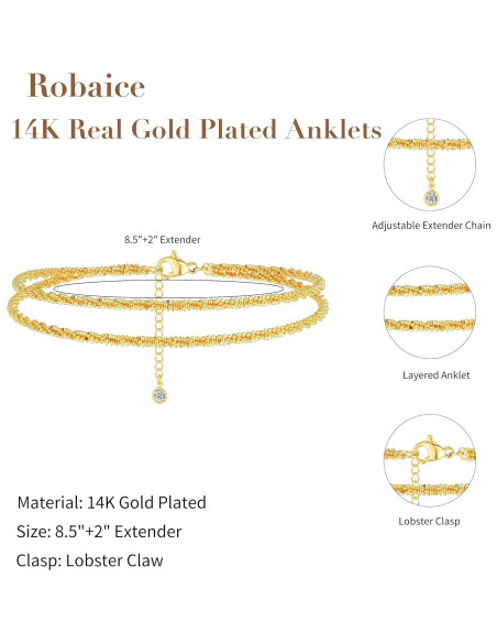 Pulsera de Tobillo Ajustable Oro 14K y Plata Esterlina Pulsera de Tobillo Ajustable Oro 14K y Plata Esterlina