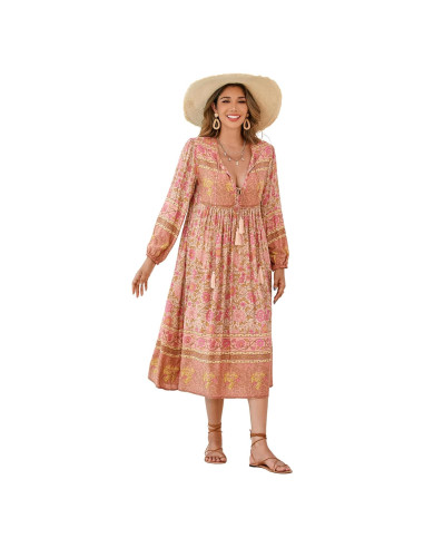 Vestido Midi Bohemio R.Vivimos con Estampado Floral y Flecos