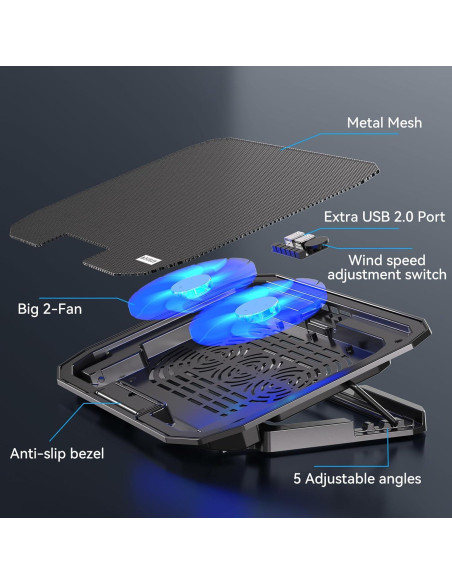 Base de Enfriamiento KYOLLY para Laptop 10-15.6" con 2 Ventiladores Silenciosos Base de Enfriamiento KYOLLY para Laptop 10-15.6" con 2 Ventiladores Silenciosos