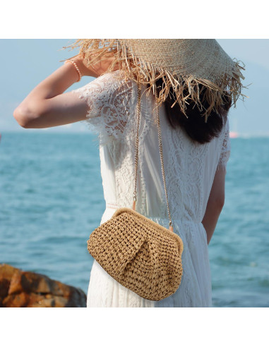 Bolso de mano de paja Freie Liebe caqui 27x20cm