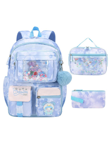 Mochila Escolar para Niñas Azul - Set 3 Piezas con Estuche