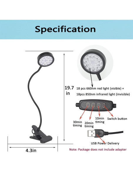 Lámpara Terapia Luz Roja U4GLORY 18 LEDs 660/850nm Ajustable Lámpara Terapia Luz Roja U4GLORY 18 LEDs 660/850nm Ajustable