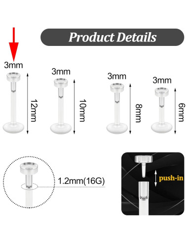 16 Piezas Retenedores de Piercing Transparentes Lusofie 6-12mm