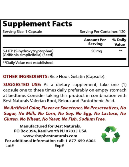 Cápsulas 5-HTP 50 mg Mejores Naturales - 120 Unidades Cápsulas 5-HTP 50 mg Mejores Naturales - 120 Unidades