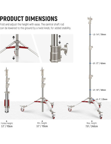 Soporte de Luz NEEWER de Acero Inoxidable 240cm con Ruedas