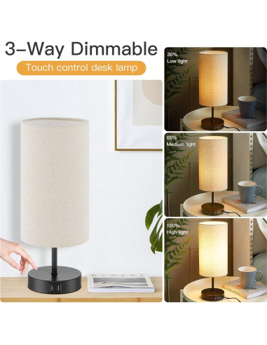Lámpara de Mesa CINSARY Táctil Regulable 3 Niveles USB Beige
