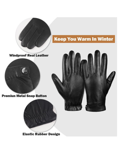 Guantes de cuero GSG para hombre - Invierno, pantalla táctil, negro