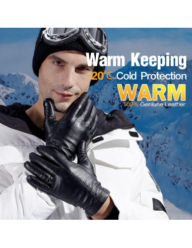 Guantes de cuero GSG para hombre - Invierno, pantalla táctil, negro