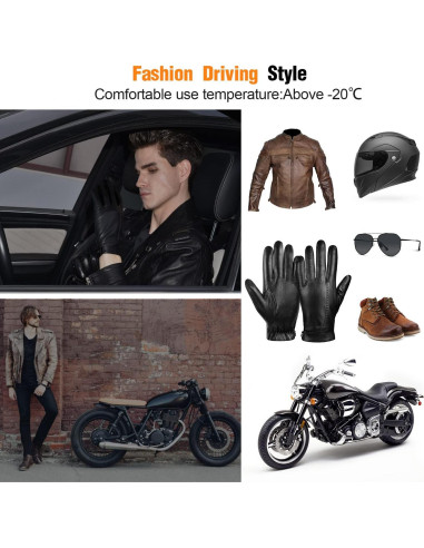 Guantes de cuero GSG para hombre - Invierno, pantalla táctil, negro