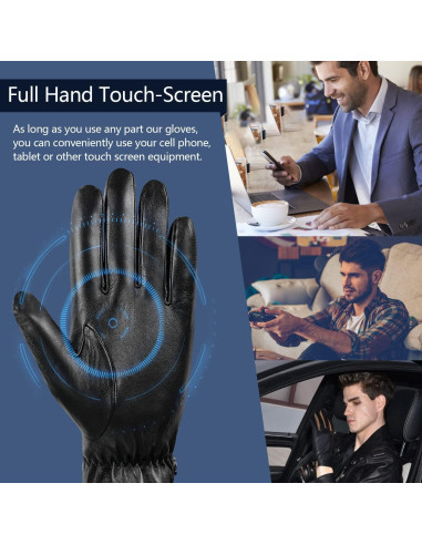 Guantes de cuero GSG para hombre - Invierno, pantalla táctil, negro