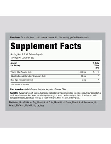 Vitamina C 1000mg Piping Rock 250 Cápsulas Bioflavonoides