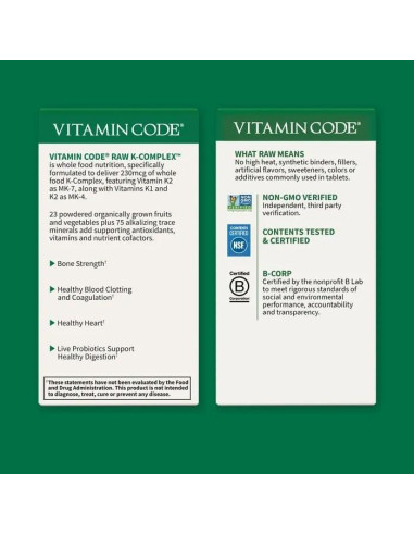 Vitamina K2 y K1 Jardín de la Vida 120 cápsulas veganas