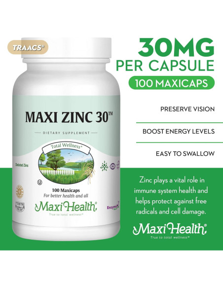 Suplemento de Zinc Maxi Health 30 mg - 100 Cápsulas Kosher Suplemento de Zinc Maxi Health 30 mg - 100 Cápsulas Kosher