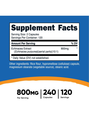 Cápsulas de Equinácea Nutricost 800mg - 240 Cápsulas Vegetarianas