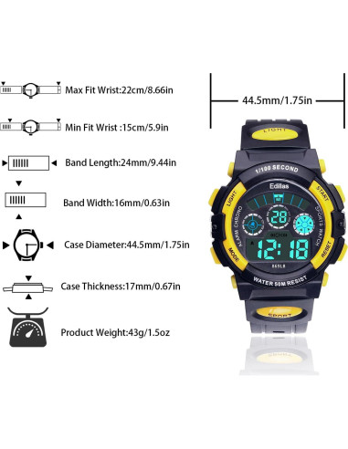 Reloj Digital Infantil Yadelai 869LB 50M Impermeable LED 7 Colores