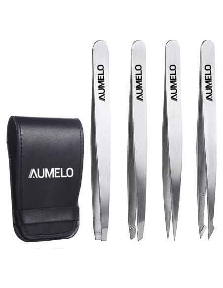 Juego de Pinzas de Acero Inoxidable AUMELO 4 Piezas con Estuche Juego de Pinzas de Acero Inoxidable AUMELO 4 Piezas con Estuche