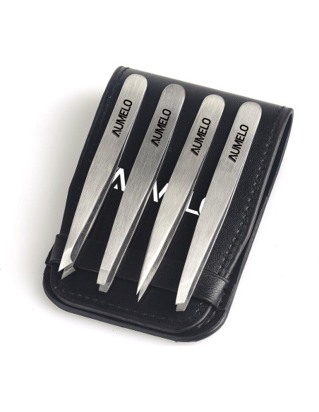 Juego de Pinzas de Acero Inoxidable AUMELO 4 Piezas con Estuche Juego de Pinzas de Acero Inoxidable AUMELO 4 Piezas con Estuche