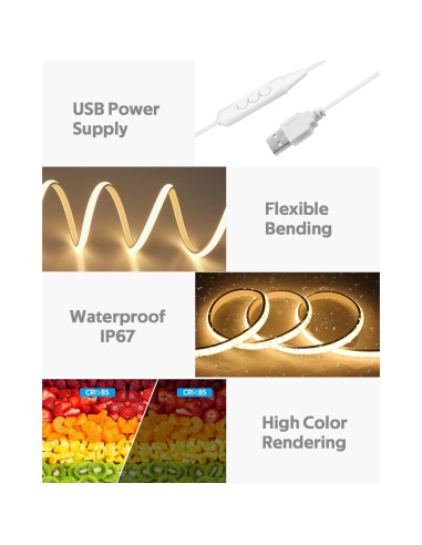 Cinta LED COB 2M Blanca Cálida USB Samsion 320 LEDs/M