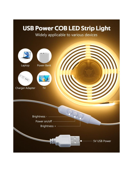 Cinta LED COB 2M Blanca Cálida USB Samsion 320 LEDs/M Cinta LED COB 2M Blanca Cálida USB Samsion 320 LEDs/M