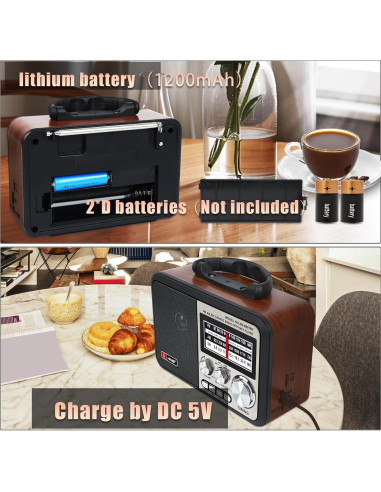 Radio Retro Portátil T.TAOMI AM FM Bluetooth Carga USB Gris