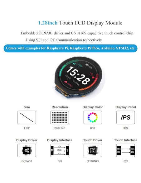 Módulo Pantalla LCD Táctil 1.28" Wonrabai 240x240 SPI I2C Módulo Pantalla LCD Táctil 1.28" Wonrabai 240x240 SPI I2C