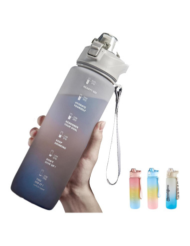 Botella de Agua DEARART 1000ml Gris con Pajilla y Marcador de Tiempo