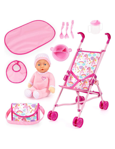 Conjunto de Muñeca con Cochecito Paraguas Bayer Unicornio Rosa