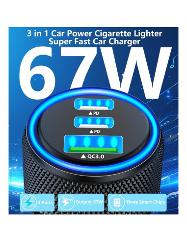 Cargador de Coche USB C BAOYUANDA 67W 3 Puertos Rápido