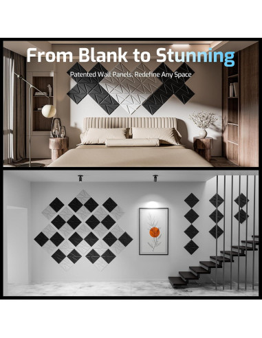 Paneles de Pared 3D ROOME 30x30cm Negro PVC Autoadhesivos