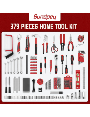Kit de Herramientas Sundpey 379 Piezas para Hogar y Auto Rojo