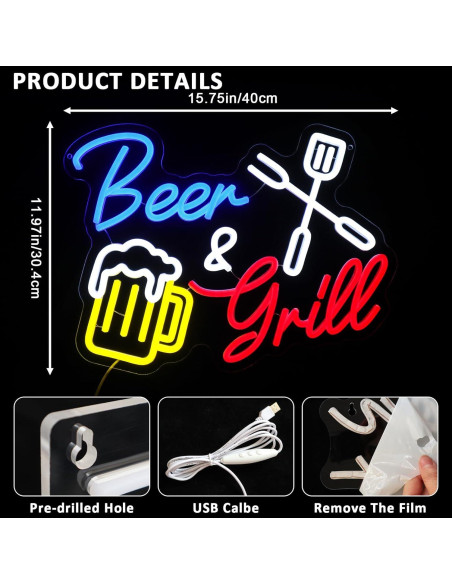 Letrero de Neón PMCVYH Cerveza y Parrilla LED 40x30 cm Letrero de Neón PMCVYH Cerveza y Parrilla LED 40x30 cm