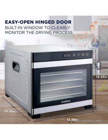 Deshidratadora de Alimentos Ivation 6 Bandejas 600W Acero Inoxidable