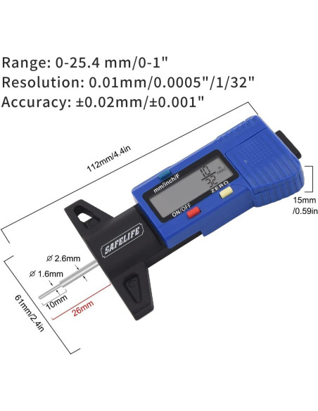 Calibrador Digital de Profundidad de Neumático Safelife 0-25.4 mm Calibrador Digital de Profundidad de Neumático Safelife 0-25.4 mm