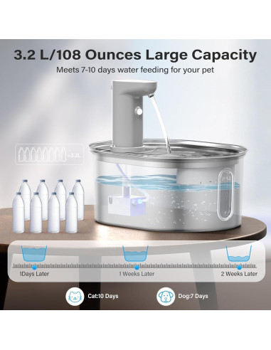 Fuente de Agua Inalámbrica para Gatos Petlipo 3.2L Acero Inoxidable
