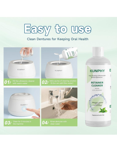 KUNPHY Limpiador Ultrasonico Concentrado 8 oz - Retenedores y Dentaduras