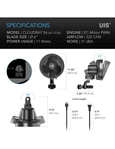 Ventilador de Clip AC Infinity CLOUDRAY S6 15,24 cm 10 Velocidades