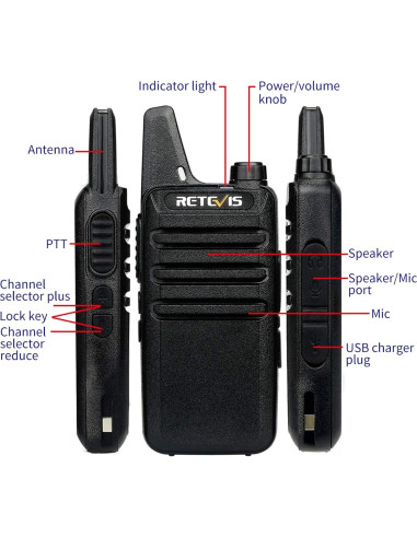 Retevis RT22 Walkie Talkies Recargables 2 Pines Negro