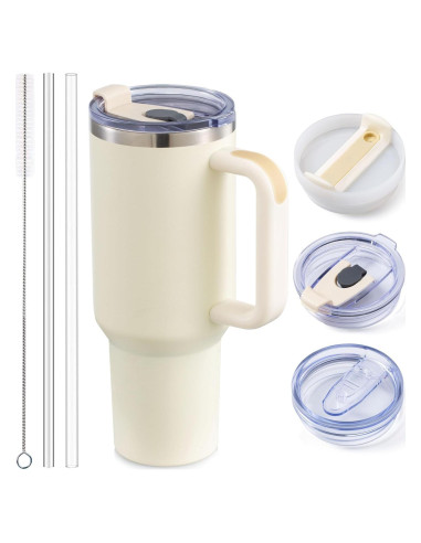 Taza Aislada 1.2L Vorpower con Asa y Popote Crema