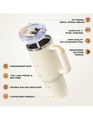 Taza Aislada 1.2L Vorpower con Asa y Popote Crema