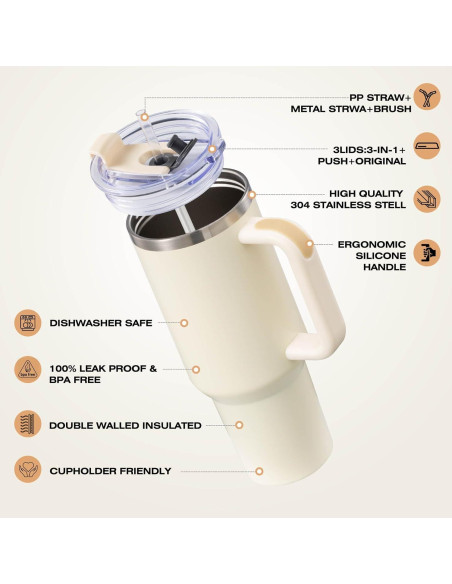 Taza Aislada 1.2L Vorpower con Asa y Popote Crema Taza Aislada 1.2L Vorpower con Asa y Popote Crema